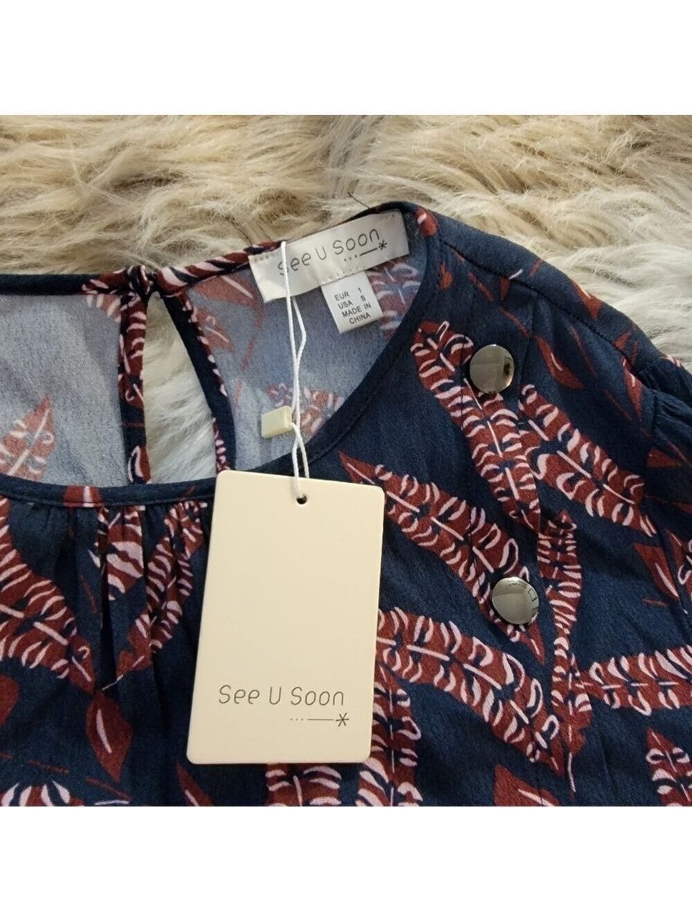 See U Soon Feather Pattern Dress Navy Burgundy - Picture 6 of 9